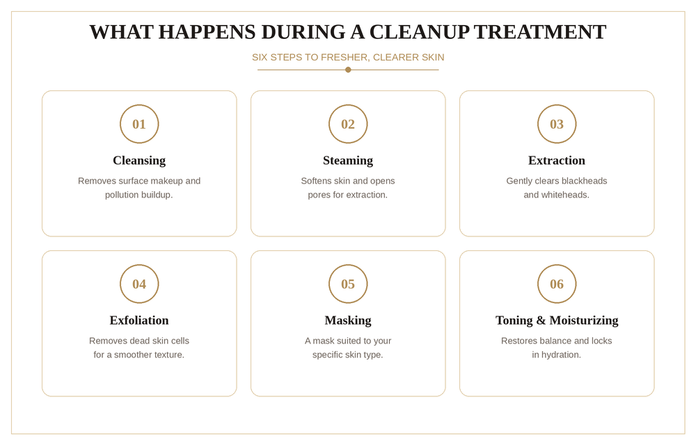 Six-step infographic showing what happens during a professional cleanup treatment, from cleansing to moisturizing