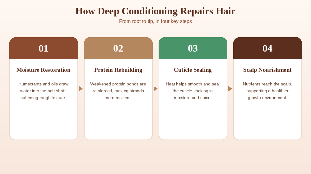 Infographic showing four steps of deep conditioning treatment: moisture restoration, protein rebuilding, cuticle sealing, and scalp nourishment