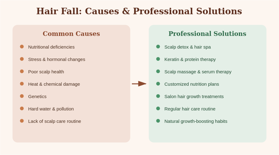 Infographic showing common hair fall causes and professional hair fall solutions at a salon in Sahakar Nagar, Bangalore