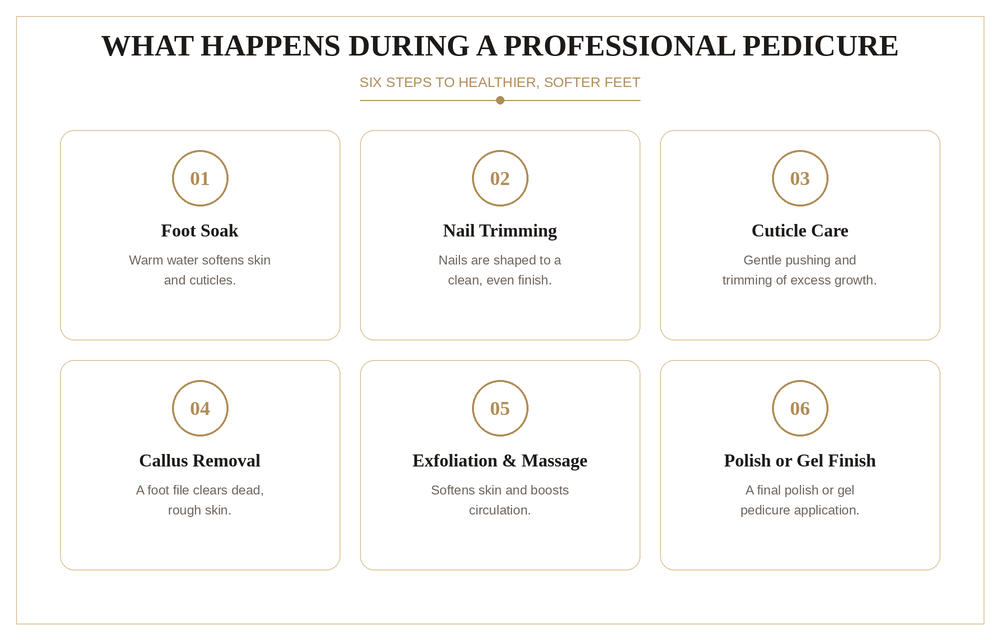 Six-step infographic showing what happens during a professional pedicure, from foot soak to polish