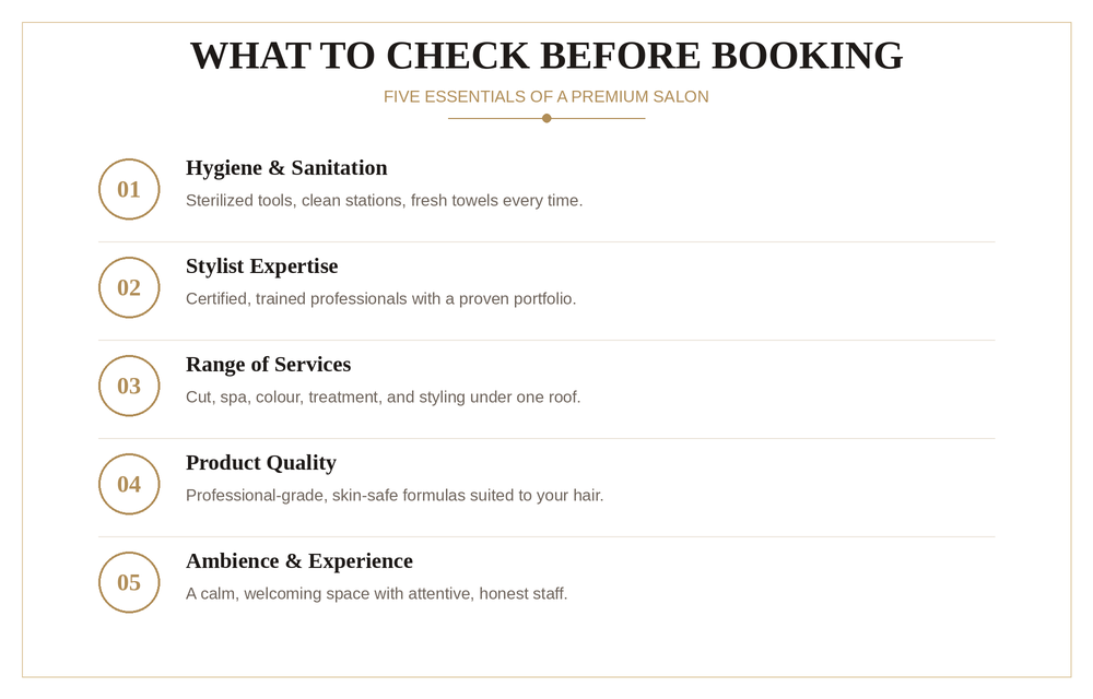 Checklist infographic showing five essentials to check before booking a premium hair salon