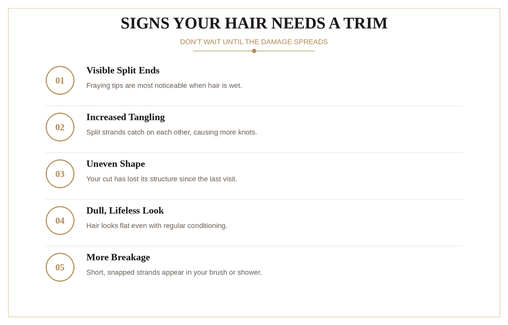 Infographic showing five signs your hair needs a trim, including split ends, tangling, uneven shape, dullness, and breakage