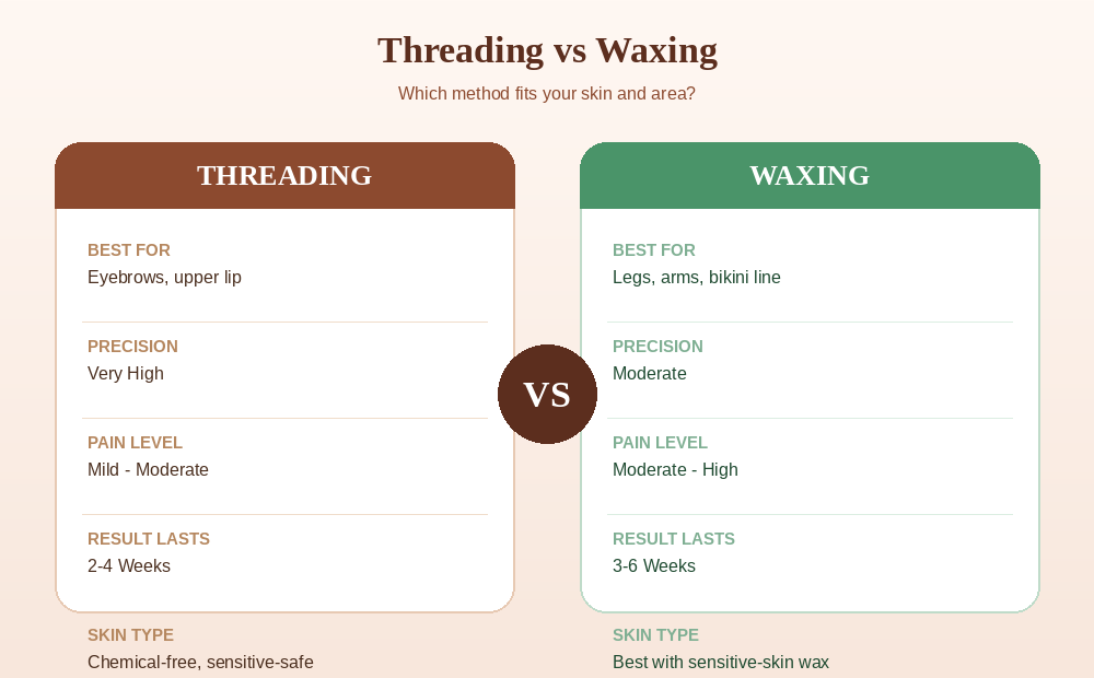 Threading vs waxing comparison infographic showing best use areas, precision, pain level, and result duration