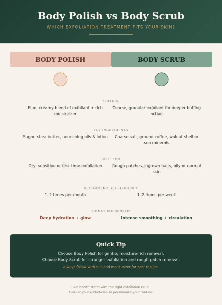 Comparison infographic of body polish vs body scrub — texture, ingredients, best skin type, frequency, and key benefits side by side.