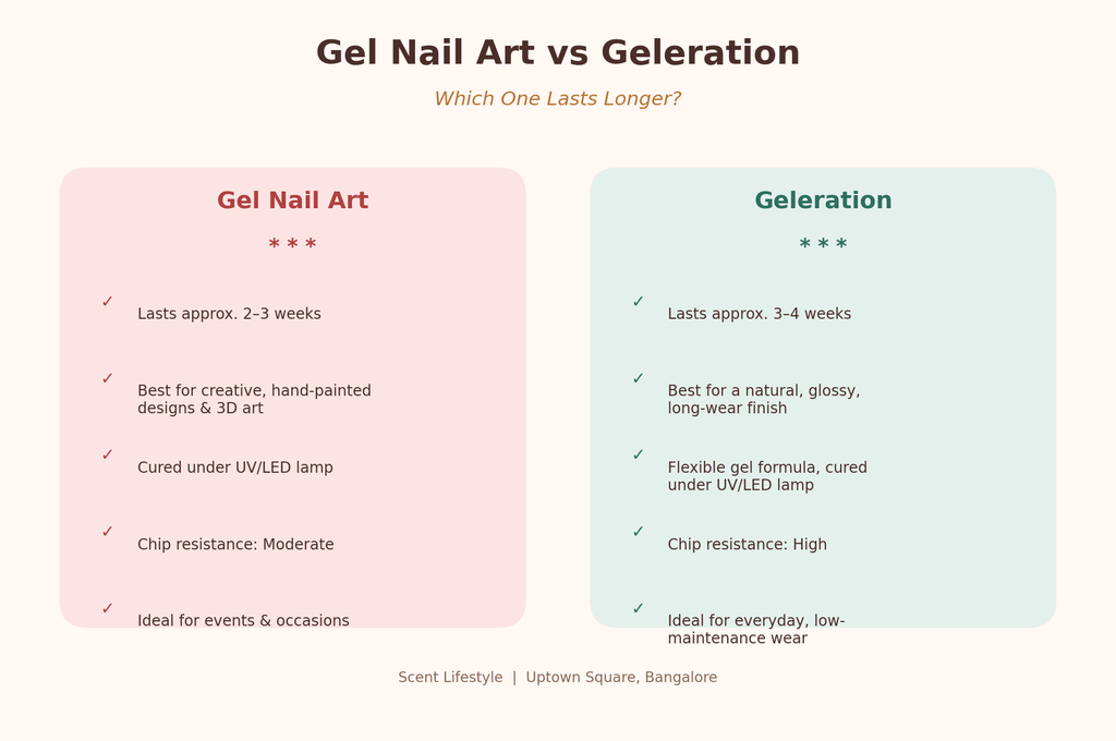 Infographic comparing gel nail art vs geleration — durability, finish, and best use cases.
