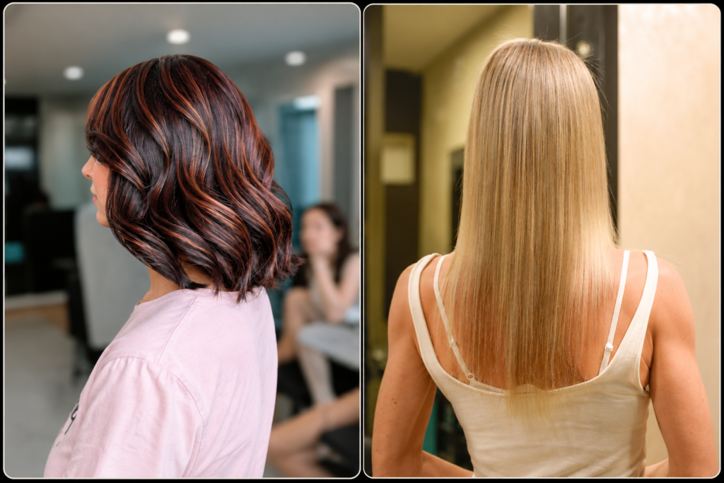Side-by-side comparison of hair highlights and blonde global hair colour showcasing two professional hair colouring techniques at Scent in Bangalore.
