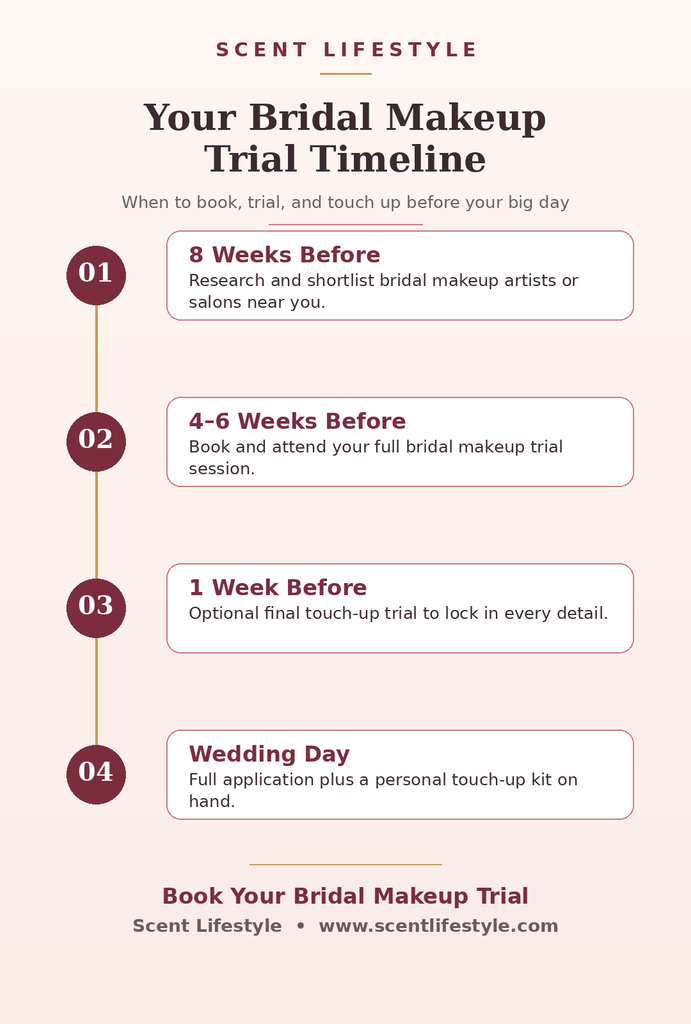 Bridal makeup trial timeline infographic by Scent Lifestyle showing when to book, trial, and touch up before the wedding day