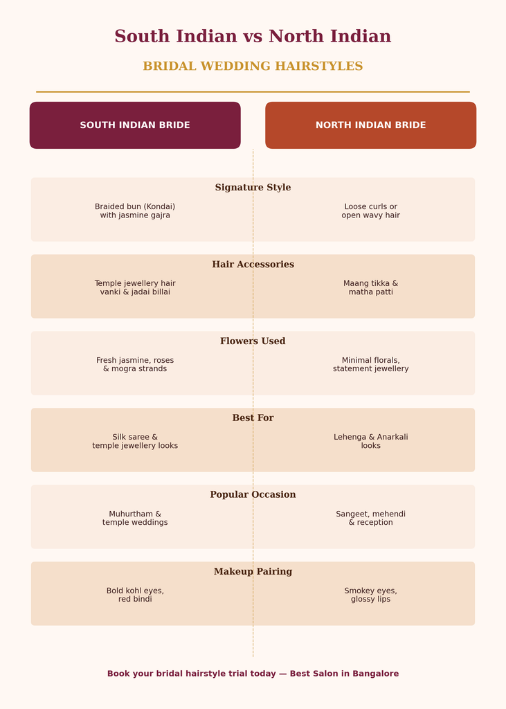 Infographic comparing South Indian vs North Indian bridal wedding hairstyles, accessories, flowers, and makeup pairing